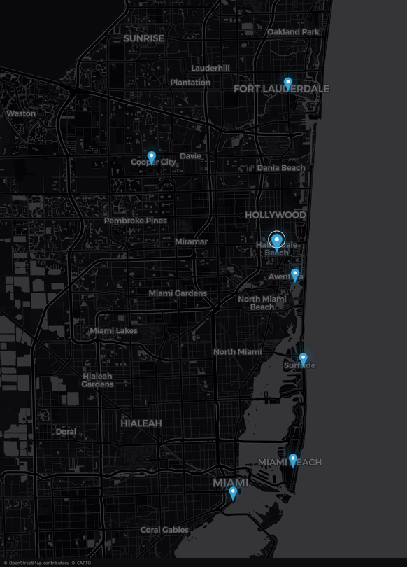 Dark map of Broward and Miami-Dade County with Foxtrot Security client properties marked, from Fort Lauderdale south to Brickell