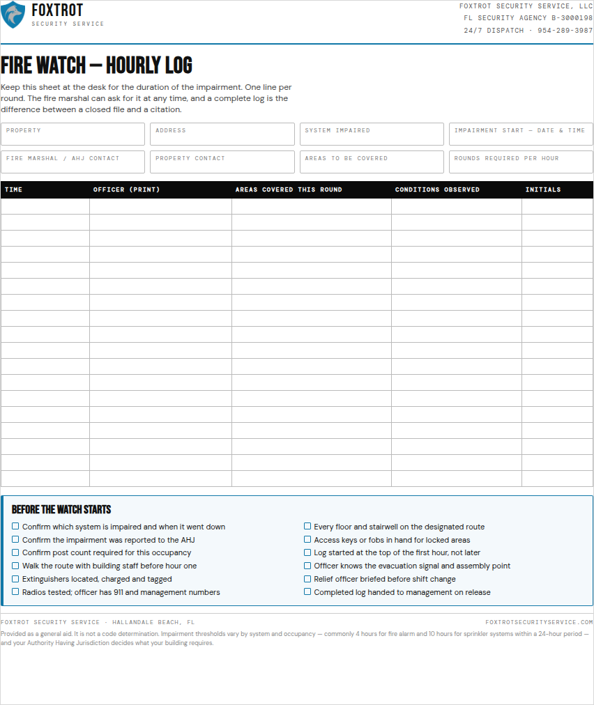 Preview of the Foxtrot fire watch hourly log sheet and checklist