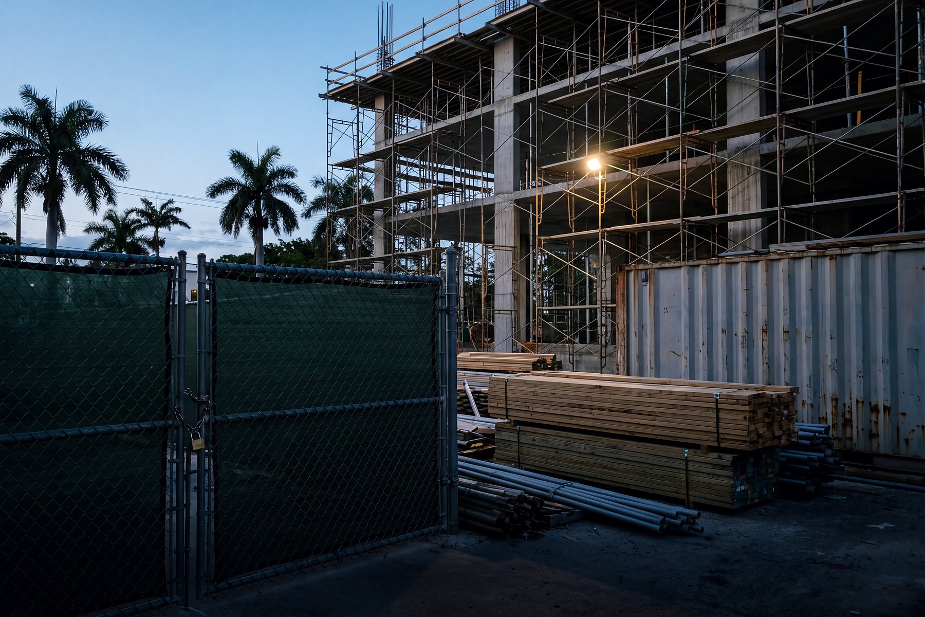 Fenced construction site perimeter with scaffolding at dusk, South Florida