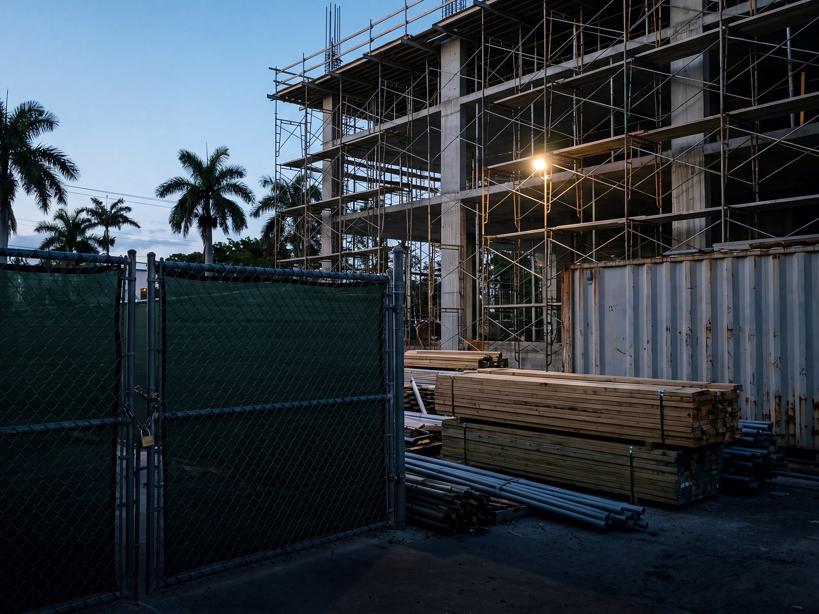 Fenced construction site perimeter at dusk, South Florida